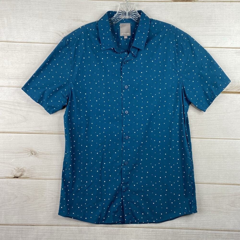 A Frame Shirt Mens M Teal Blue Stars Print Short Sleeve Button Up Cotton Artsy
